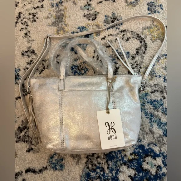 HOBO Kingston Mini Tote in Metallic Silver Leather w/ removable crossbody strap - Picture 4 of 14